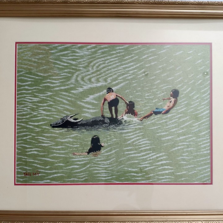 Hand-embroidered painting - Children swimming in the pond